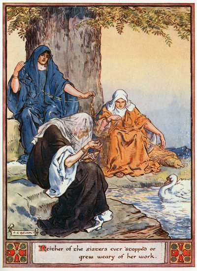 "Nenhuma das irmãs parou ou se cansou de seu trabalho", ilustração de "Os Heróis de Asgard, Contos da Mitologia Escandinava", de A und E Keary, 1930 de Charles Edmund Brock